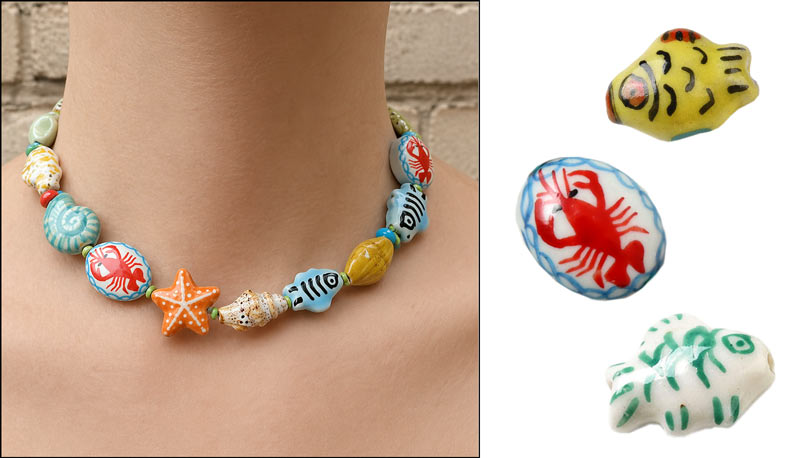 Perlenkette mit blauen Keramikfischen