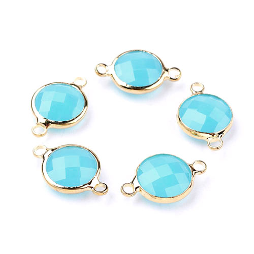 Glass charm, gilded, round, light blue/ turquoize, 16x11mm, 1pc