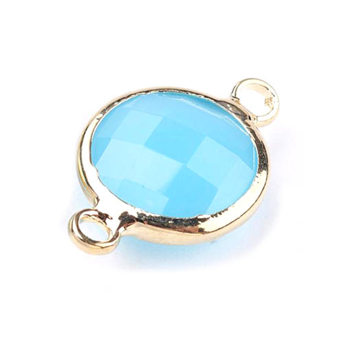 Glass charm, gilded, round, light blue/ turquoize, 16x11mm, 1pc