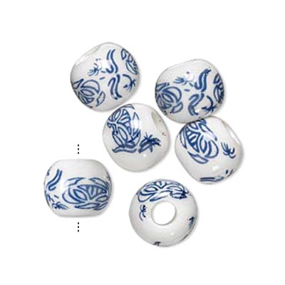 Porcelain beads, blue/white med lotus, 10mm, 2pcs.