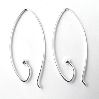 Earwires, silver, oval, open and pointed, 28x14mm, 2pcs
