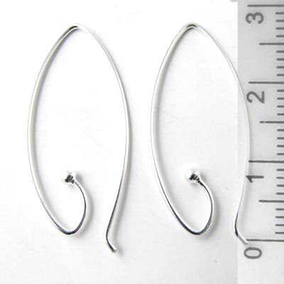 Earwires, silver, oval, open and pointed, 28x14mm, 2pcs