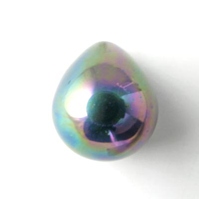Shell pearl teardrop, green/purple iridescent 20x16mm, half-drilled.