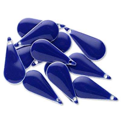 Enamel charm, slim dark blue teardrop, 22x10mm, 2pcs.