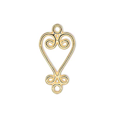 Squiggly heart, gilded brass, with 2 loops, 4pcs.