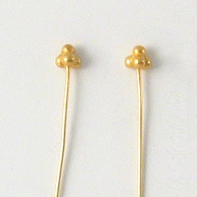 Headpin with 4 balls, gold-plated sterling silver, 45x0.5mm, 4pcs.