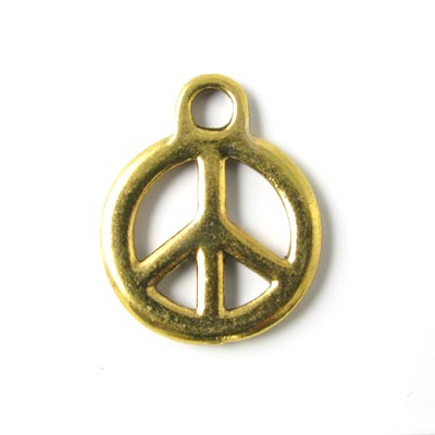 Pendant, peace sign, golden/brass, 17mm, 2pcs.