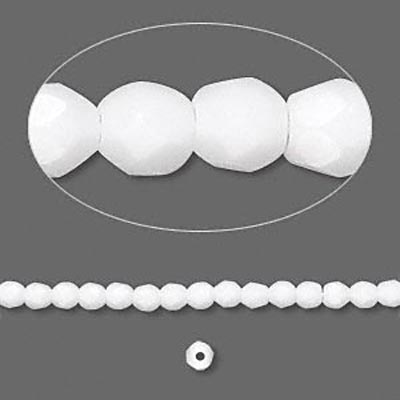 Glass, white, opaque, round, facetted, 3mm, ca. 133pcs.