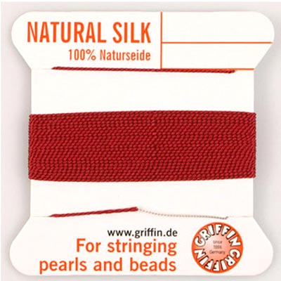 Silk beading thread, dark red, for pearl necklaces, 0.7mm, 2m, needle incl.