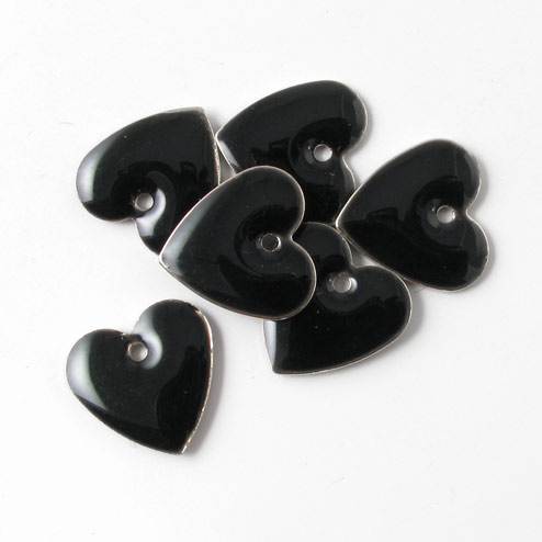 Enamel, black/silver heart, 12mm, 4pcs.