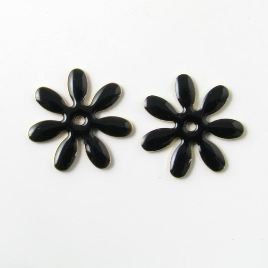 Enamel, black marguerite-shape, silvered, 18mm, 2pcs.