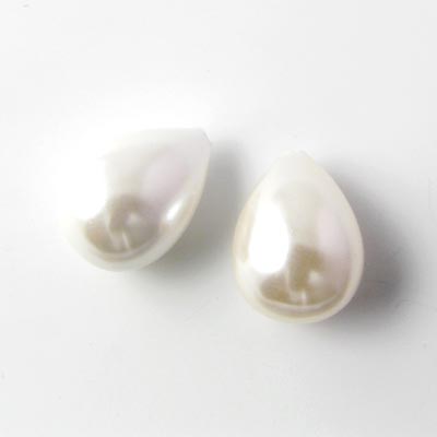 Shell pearl teardrop, white, 16x13mm, half-drilled, 2pcs