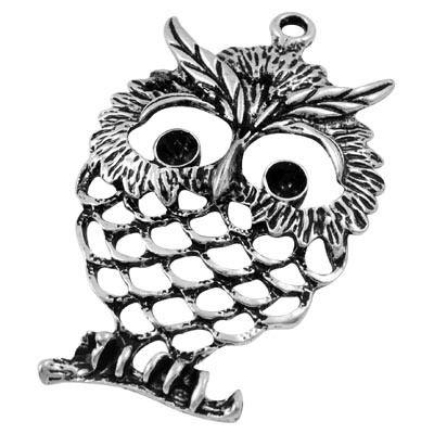 Pendant, antique silvered owl, 58mm, 1pc.