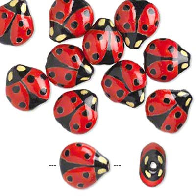Porcelain beads, red lady bug, 16x16mm, 2pcs.