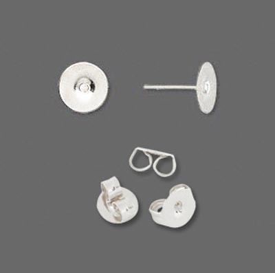 Earstuds with flat pad, silver-plated, pad diameter 4mm, 6pcs
