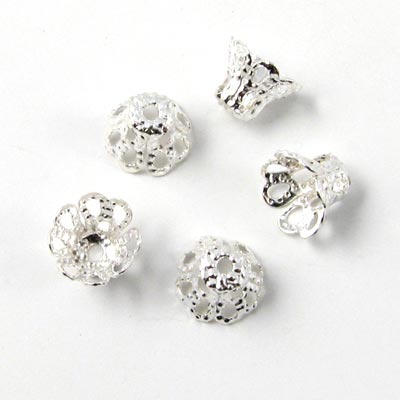 Silver-plated bead cap, tall filigree bowl 7mm, 10pcs