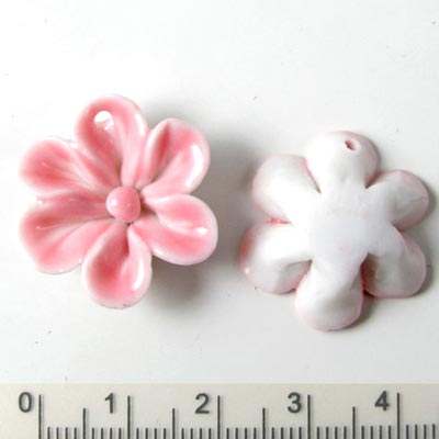Ceramic flower, hand-crafted, pink/white, 20mm, 2pcs.