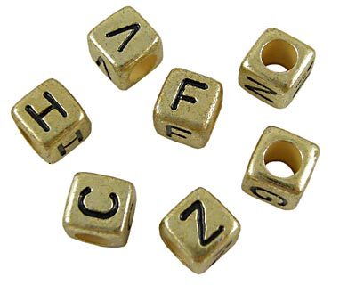 Acrylic beads, golden dice with black letters, 6x6mm, 30pcs.
