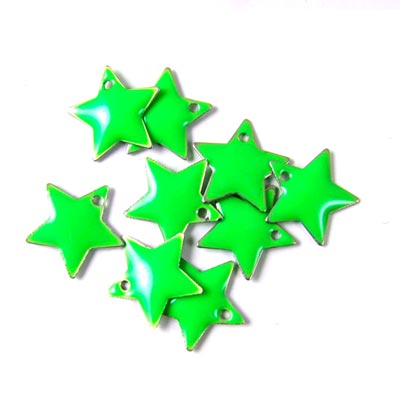 Enamel star, neon-green, silver border, 12mm, 4pcs.