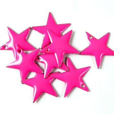 Enamel star, neon-pink, silver border, 16mm, 2pcs.