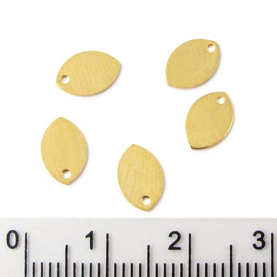 Pendant, flat, short pointed oval, gold-plated shiny brass, 9x6 mm, 10 pcs.