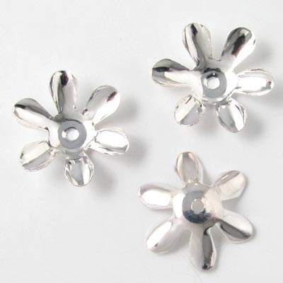 Silver-plated brass bead cap, deep 6-leaf, 14x4 mm, 10pcs