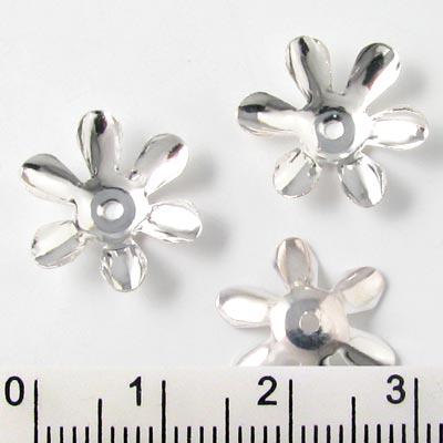 Silver-plated brass bead cap, deep 6-leaf, 14x4 mm, 10pcs