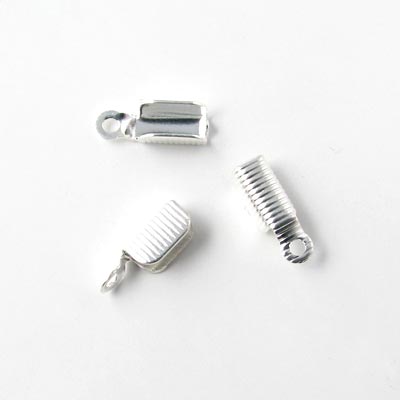 Crimp cord end, fold-over, for 2-2.5mm cords etc., silver-plated brass, 11mm, 6pcs