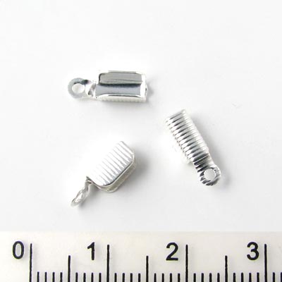 Crimp cord end, fold-over, for 2-2.5mm cords etc., silver-plated brass, 11mm, 6pcs