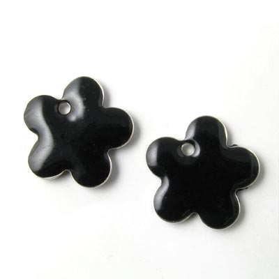 Enamel charm, black flower, 12mm, 4pcs.