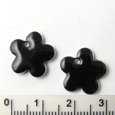 Enamel charm, black flower, 12mm, 4pcs.