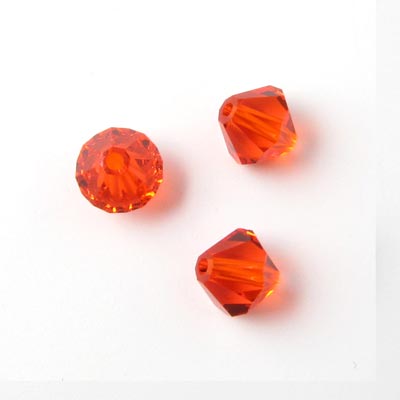 Preciosa crystal, red-orange, facetted bicone, 4mm.