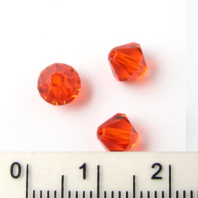 Preciosa crystal, red-orange, facetted bicone, 4mm.