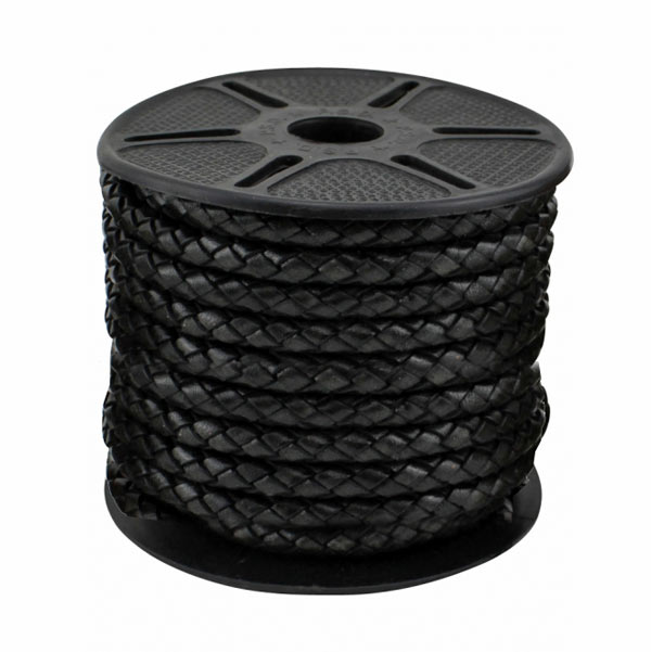 Leather cord, bolo braided, black, soft quality, 7mm, 50cm.