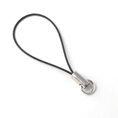 cell phone strap, black nylon string with small split ring, 1pc.