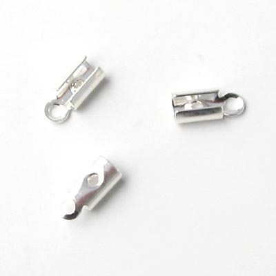 Crimp cord end, fold-over, round silver-plated, fits 1,5-2mm cord, 6pcs