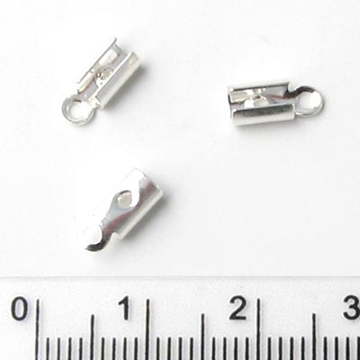 Crimp cord end, fold-over, round silver-plated, fits 1,5-2mm cord, 6pcs