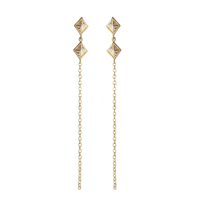Earwires, gold plated silver, diamond-shape with Zirconia and eye, 20x7mm, 2pcs
