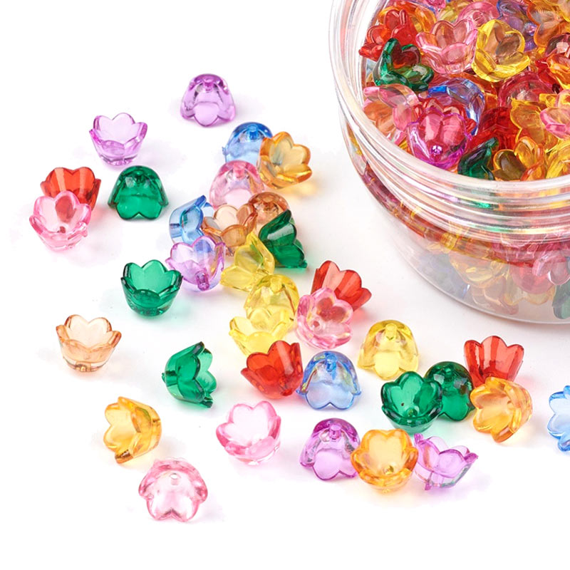 Tulip flower, clear acrylic, mixed colours, 10x6,5mm, 20 pcs