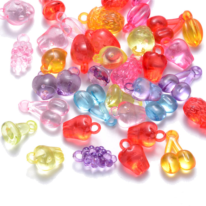 Acrylic pendant, mixed transparent fruit-figures with eye, 18-30x6-16 mm, 10 pieces