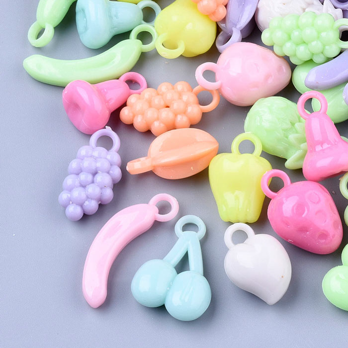 Pendant, mixed pastel colours, fruit-figures with loop, acrylic, 18-30x6-16 mm, 10 pcs