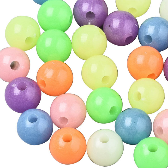 Glow-in-the-dark beads, acrylic, mixed colors, 10 mm, 20 pcs