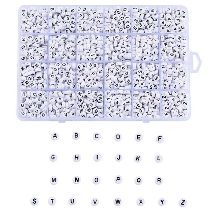 Beads with letters in assortment box, black and white, the letters A-Z, approx. 1400 pcs, 1 box