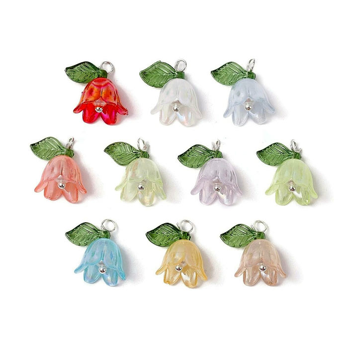 Flower, acrylic pendant, 10 mixed colours, silver-plated eye, length 13 mm, 10 pcs