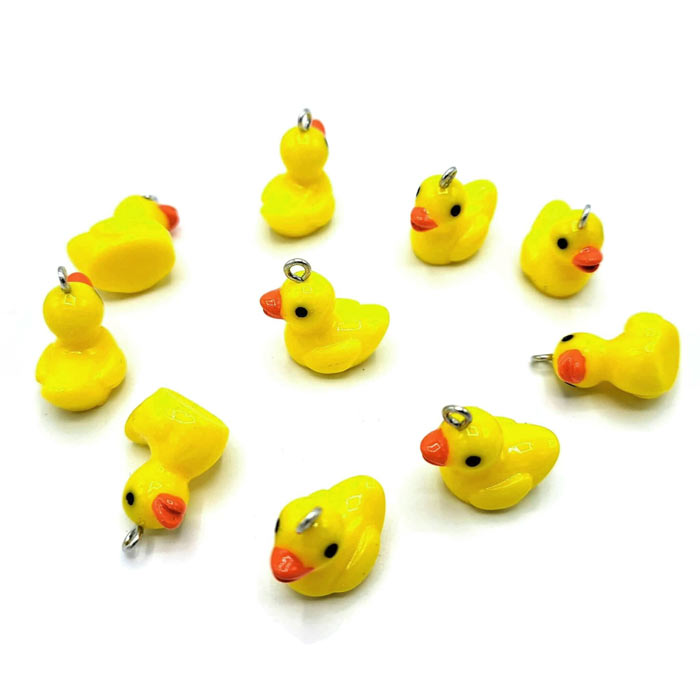 Rubber duck, pendant with metal eye, plastic, yellow, 21x19x13 mm, 2 pcs