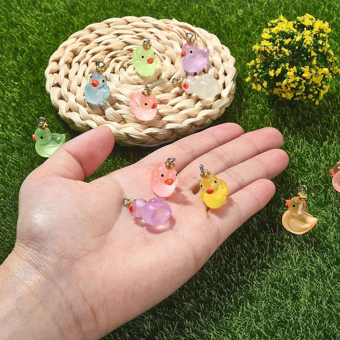 Bathing duck pendant, mixed colours, plastic with metal eye, 23x17x13 mm, 6 pcs