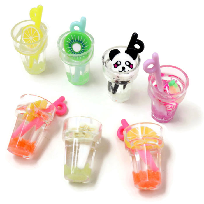 Drink with fruit piece, pendant with eye, plastic, mixed colours, 26x13 mm, 4 pcs