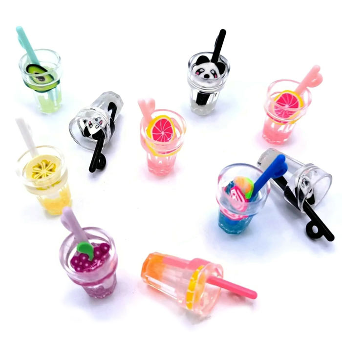 Drink with fruit piece, pendant with eye, plastic, mixed colours, 26x13 mm, 4 pcs