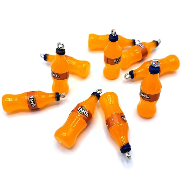 Fanta soda bottle, pendant with metal loop, plastic, yellow, 34x10 mm, 4 pcs