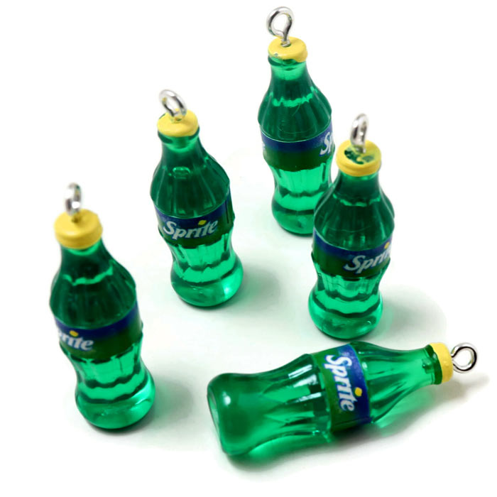 Sprite Fanta soda bottle, pendant with metal loop, plastic, green, 34x10 mm, 4 pcs